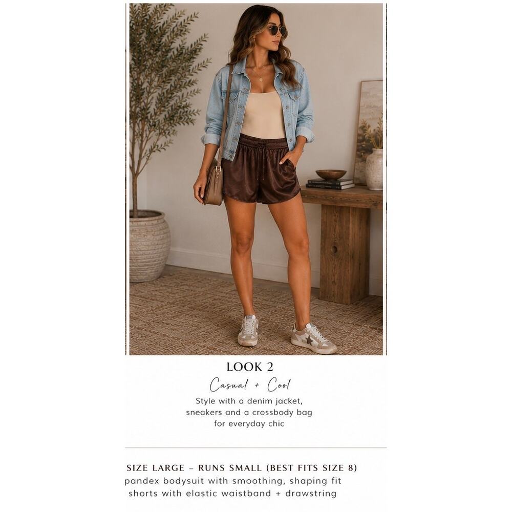 Boutique 2 Pc Set Large Runs Small Brown Shaping Bodysuit Satin Beige Shorts NWT